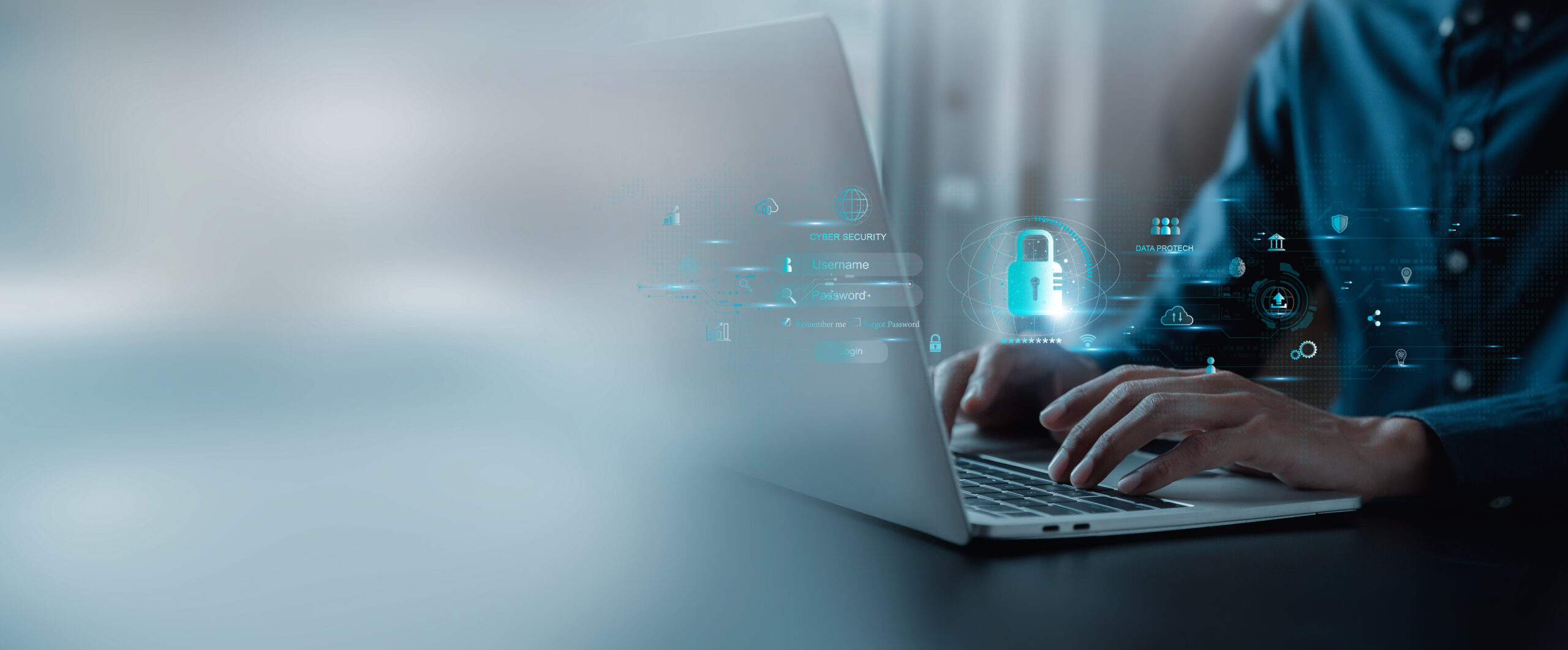 Person typing with digital cybersecurity login overlay and glowing padlock icon.