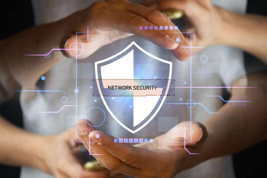 Hands joined together around network security icon badge