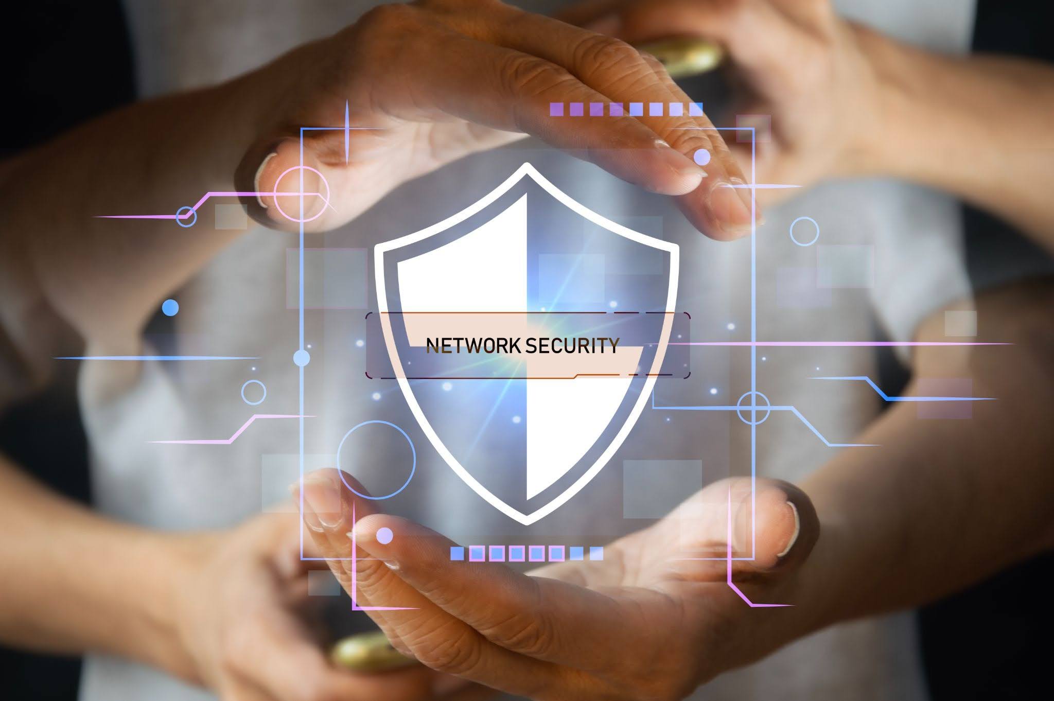 Hands joined together around network security icon badge